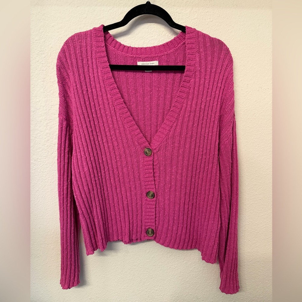 American Eagle Hot Pink Rib-Knit V-Neck Button Cardigan
